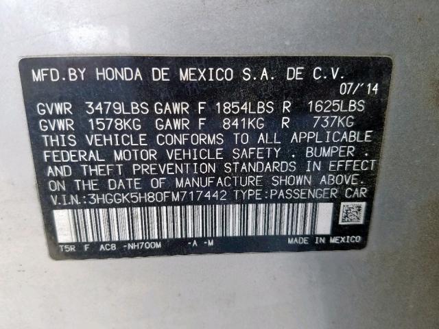 3HGGK5H80FM717442 - 2015 HONDA FIT EX SILVER photo 10