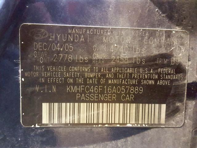 KMHFC46F16A057889 - 2006 HYUNDAI AZERA SE BLUE photo 10