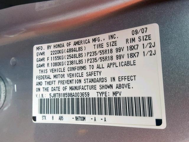 5J8TB18598A003659 - 2008 ACURA RDX TECHNO GRAY photo 10