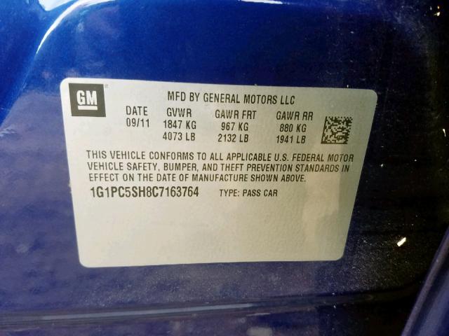 1G1PC5SH8C7163764 - 2012 CHEVROLET CRUZE LS BLUE photo 10