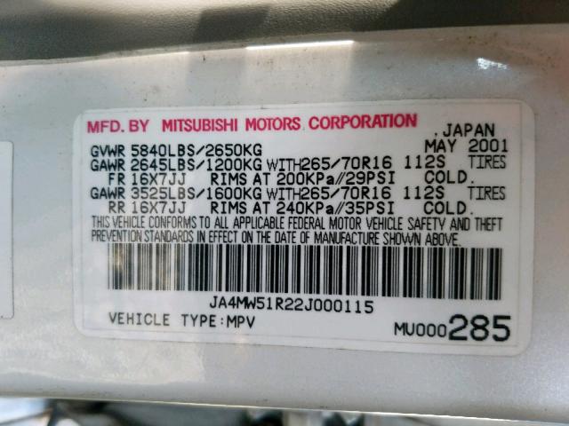 JA4MW51R22J000115 - 2002 MITSUBISHI MONTERO LI WHITE photo 10