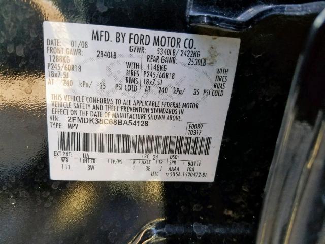 2FMDK38C68BA54128 - 2008 FORD EDGE SEL BLACK photo 10