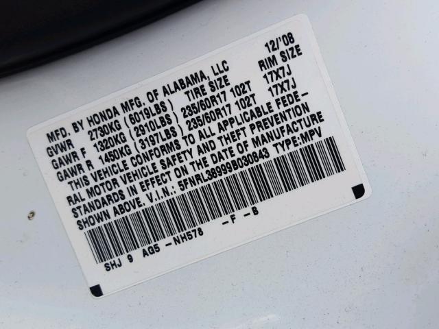 5FNRL38999B030843 - 2009 HONDA ODYSSEY TO WHITE photo 10