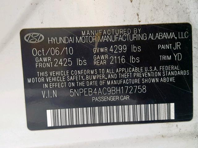 5NPEB4AC9BH172758 - 2011 HYUNDAI SONATA GLS WHITE photo 10