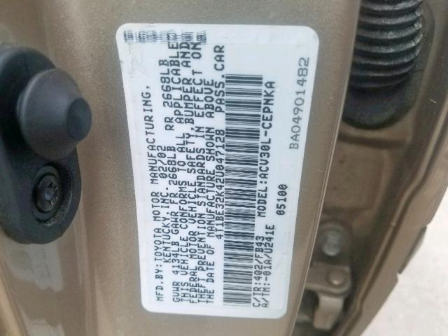 4T1BE32K42U047128 - 2002 TOYOTA CAMRY LE Қоңыр фото 10