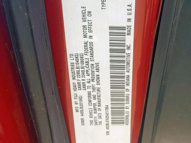 4S3BL676254217854 - 2005 SUBARU LEGACY GT RED photo 10