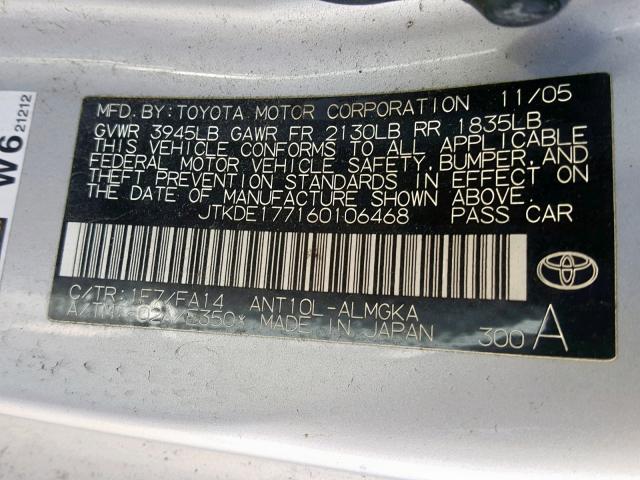 JTKDE177160106468 - 2006 TOYOTA SCION TC ვერცხლისფერი ფოტო 10