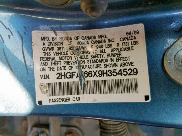 2HGFA166X9H354529 - 2009 HONDA CIVIC LX-S Mavi foto 10