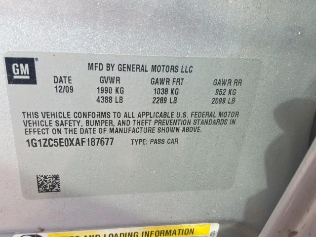 1G1ZC5E0XAF187677 - 2010 CHEVROLET MALIBU 1LT 银色 照片 10