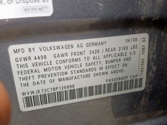 WVWJK73C78P125898 - 2008 VOLKSWAGEN PASSAT TUR GRAY photo 10