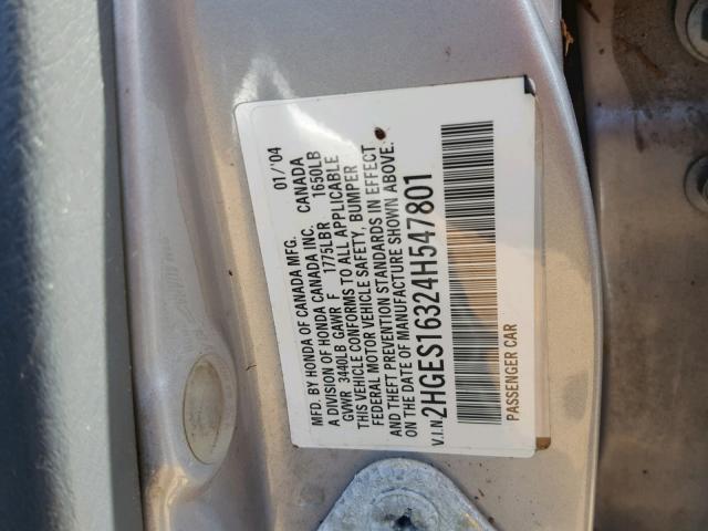 2HGES16324H547801 - 2004 HONDA CIVIC DX V SILVER photo 10