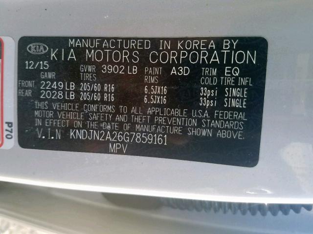 KNDJN2A26G7859161 - 2016 KIA SOUL SILVER photo 10