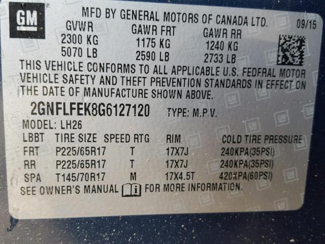 2GNFLFEK8G6127120 - 2016 CHEVROLET EQUINOX LT BLUE photo 10