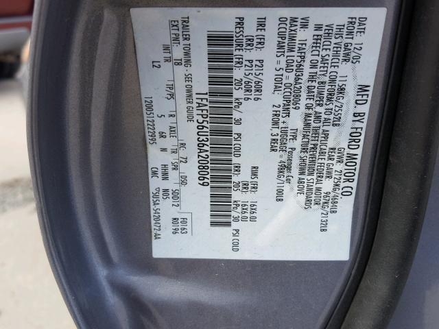 1FAFP56U36A208069 - 2006 FORD TAURUS SEL GRAY photo 10