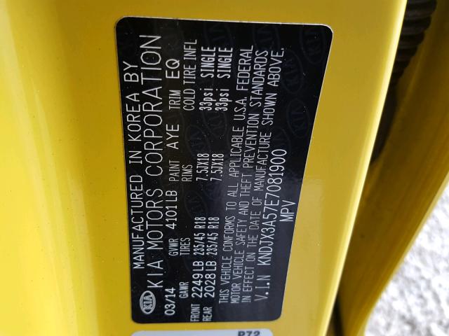 KNDJX3A57E7081900 - 2014 KIA SOUL ! YELLOW photo 10