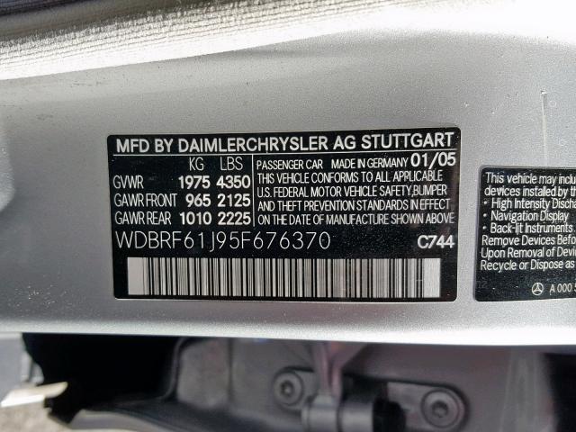 WDBRF61J95F676370 - 2005 MERCEDES-BENZ C 240 SILVER photo 10