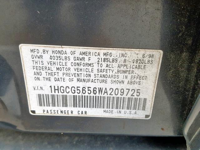 1HGCG5656WA209725 - 1998 HONDA ACCORD EX BLUE photo 10