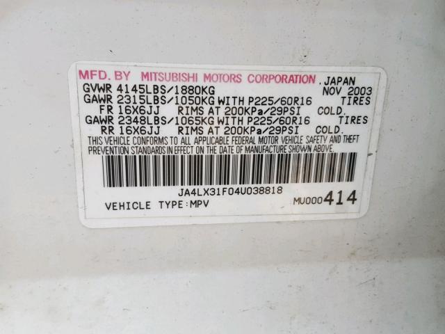 JA4LX31F04U038818 - 2004 MITSUBISHI OUTLANDER WHITE photo 10