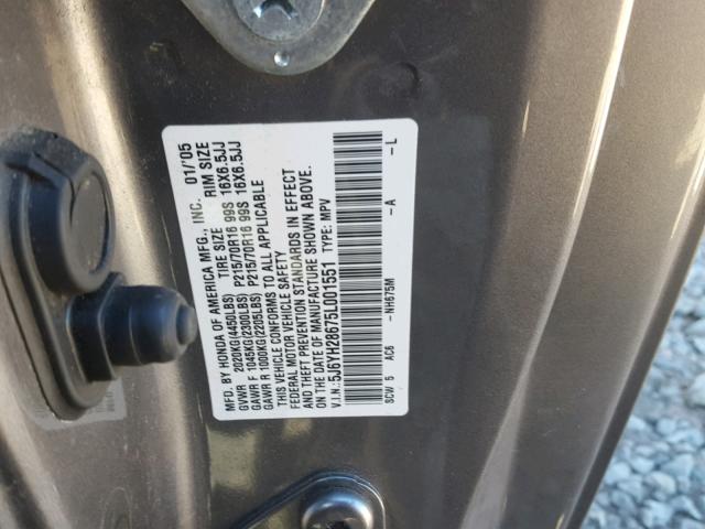 5J6YH28675L001551 - 2005 HONDA ELEMENT EX GRAY photo 10