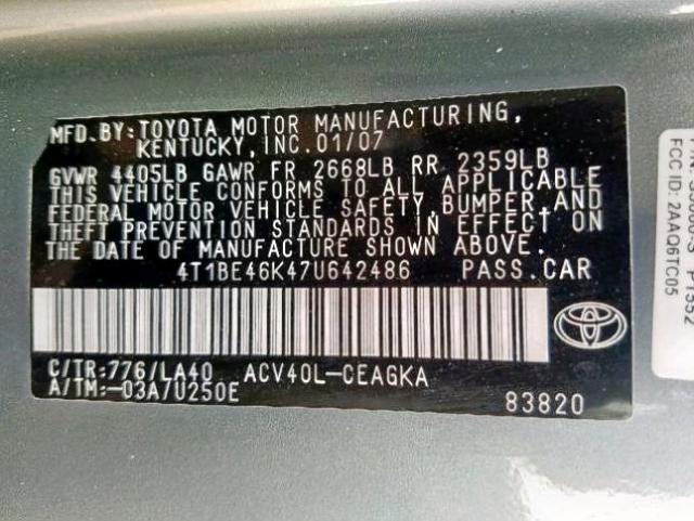 4T1BE46K47U642486 - 2007 TOYOTA CAMRY NEW GREEN photo 10