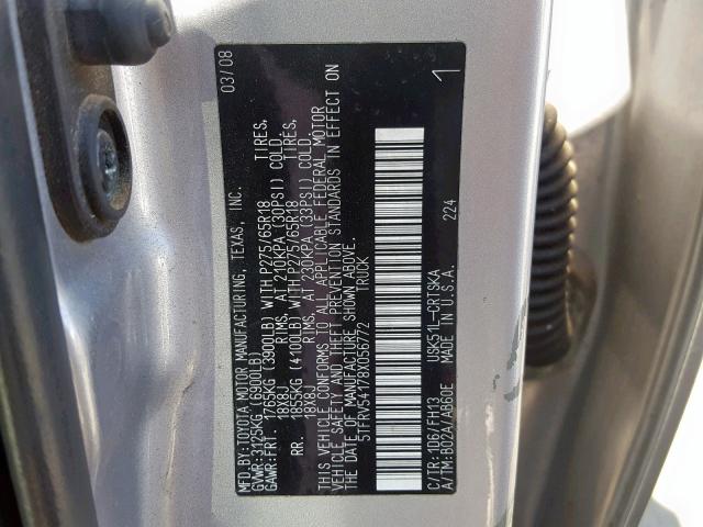 5TFRV54178X056772 - 2008 TOYOTA TUNDRA DOU SILVER photo 10