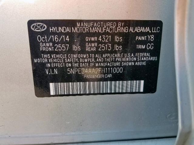 5NPE24AA2FH111000 - 2015 HYUNDAI SONATA ECO SILVER photo 10