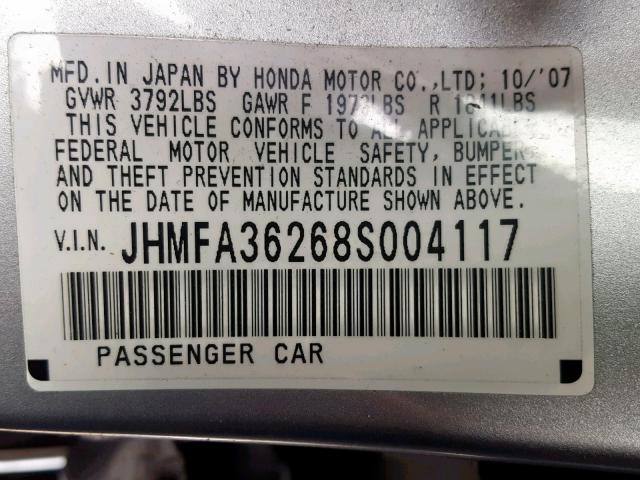 JHMFA36268S004117 - 2008 HONDA CIVIC HYBR SILVER photo 10