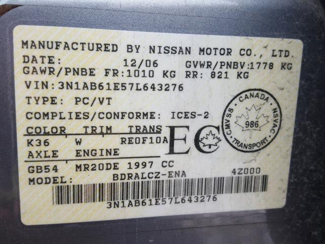 3N1AB61E57L643276 - 2007 NISSAN SENTRA 2.0 SILVER photo 10