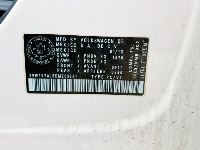 3VW1K7AJ6DM263561 - 2013 VOLKSWAGEN JETTA BASE Սպիտակ լուսանկար 10