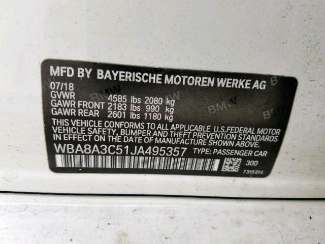 WBA8A3C51JA495357 - 2018 BMW 320 XI WHITE photo 10