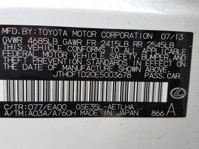 JTHCF1D20E5003678 - 2014 LEXUS IS 250 WHITE photo 10