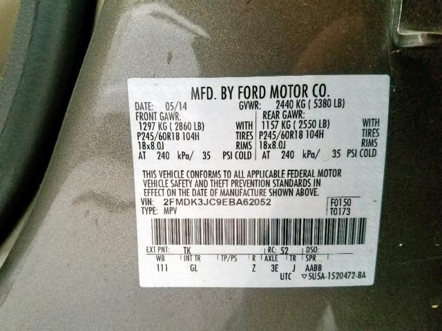 2FMDK3JC9EBA62052 - 2014 FORD EDGE SEL BROWN photo 10