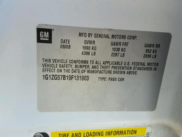 1G1ZG57B19F131903 - 2009 CHEVROLET MALIBU LS 白色 照片 10