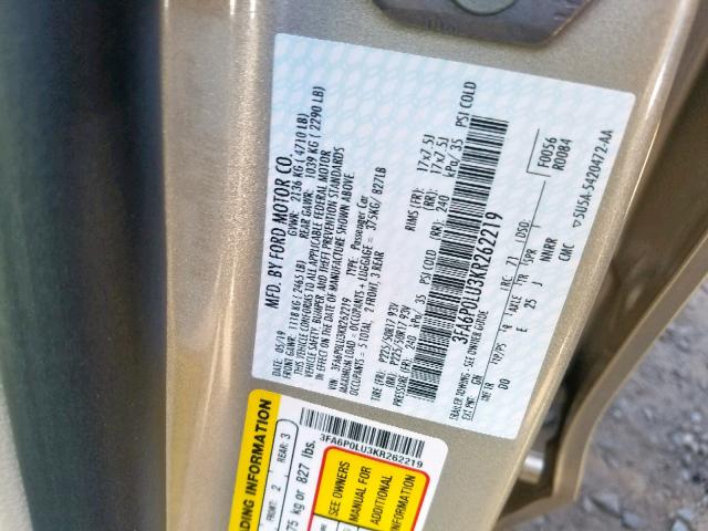 3FA6P0LU3KR262219 - 2019 FORD FUSION SE SILVER photo 10