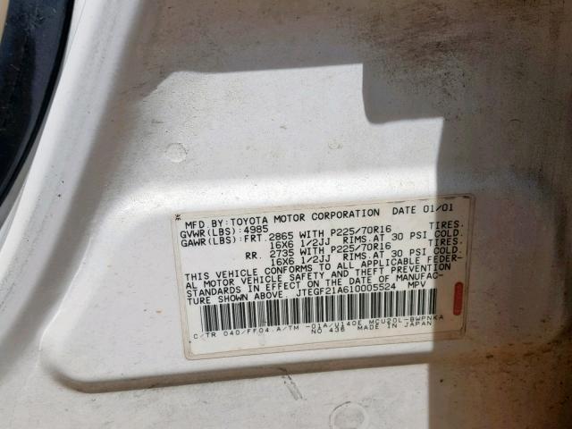 JTEGF21A610005524 - 2001 TOYOTA HIGHLANDER WHITE photo 10