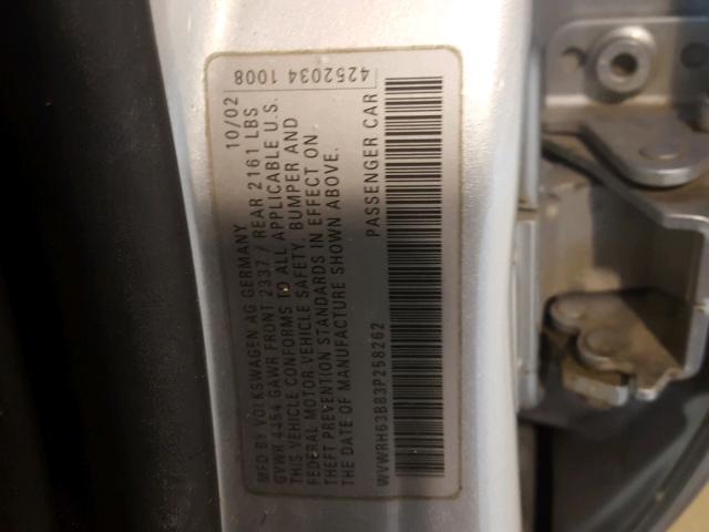 WVWRH63B83P258262 - 2003 VOLKSWAGEN PASSAT GLX SILVER photo 10