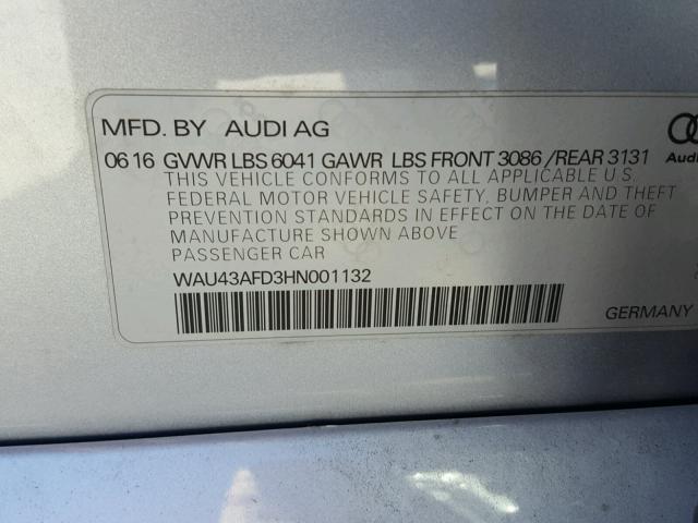 WAU43AFD3HN001132 - 2017 AUDI A8 L QUATT SILVER photo 10