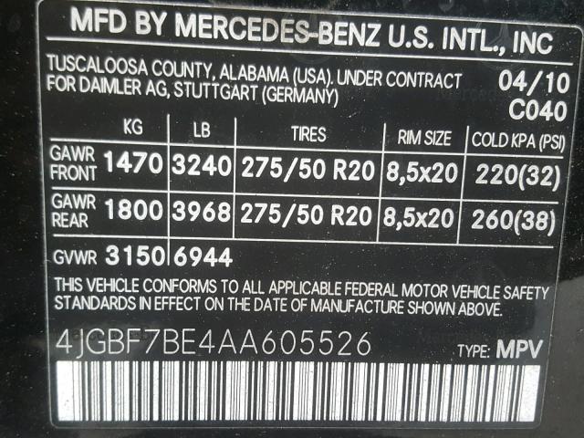 4JGBF7BE4AA605526 - 2010 MERCEDES-BENZ GL 450 4MA BLACK photo 10