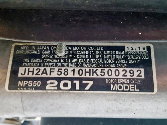 JH2AF5810HK500292 - 2017 HONDA NPS50 BLACK photo 10