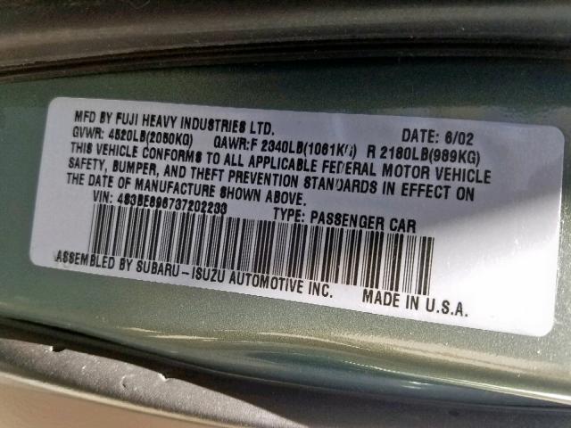 4S3BE896737202233 - 2003 SUBARU LEGACY OUT GREEN photo 10