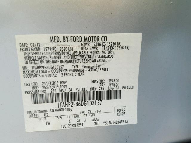 1FAHP2F86DG103157 - 2013 FORD TAURUS LIM SILVER photo 10