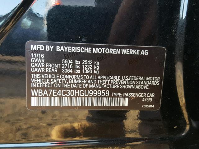 WBA7E4C30HGU99959 - 2017 BMW 740 XI BLACK photo 10