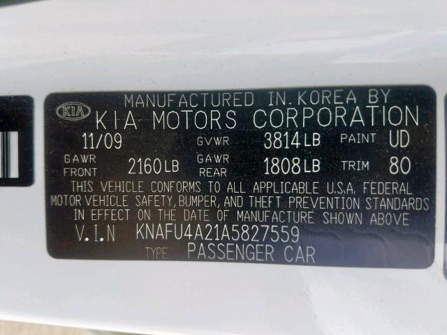 KNAFU4A21A5827559 - 2010 KIA FORTE EX WHITE photo 10