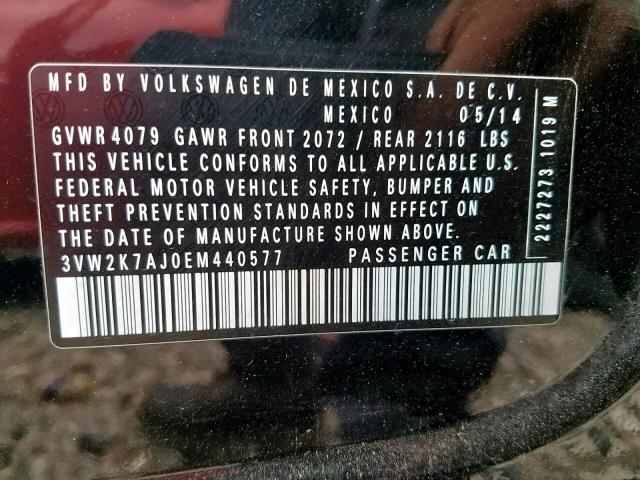 3VW2K7AJ0EM440577 - 2014 VOLKSWAGEN JETTA BASE 黑色 照片 10