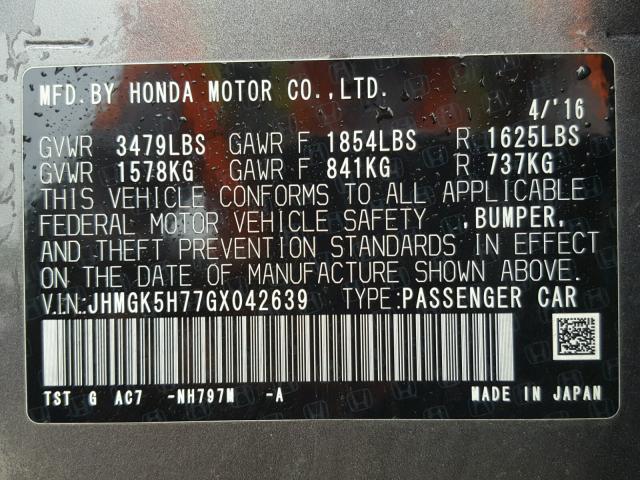 JHMGK5H77GX042639 - 2016 HONDA FIT EX GRAY photo 10