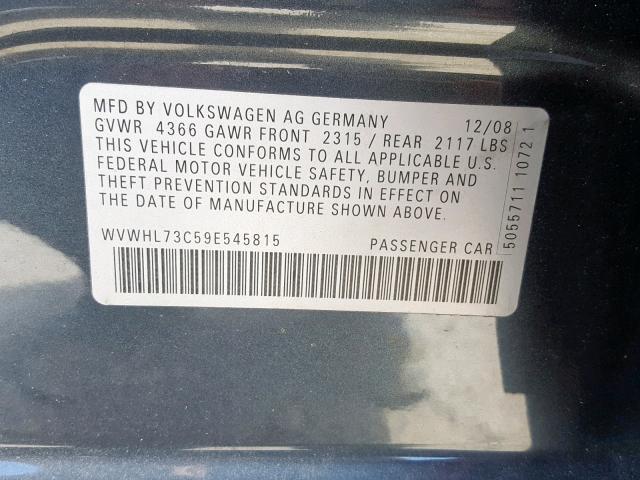 WVWHL73C59E545815 - 2009 VOLKSWAGEN CC LUXURY GRAY photo 10