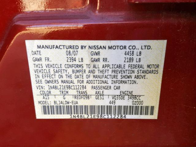 1N4BL21E98C112284 - 2008 NISSAN ALTIMA 3.5 BURGUNDY photo 10