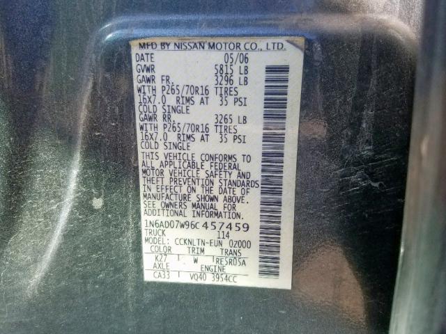 1N6AD07W96C457459 - 2006 NISSAN FRONTIER C GRAY photo 10