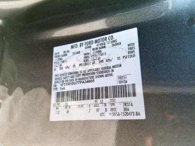 1FTYR10U77PA34665 - 2007 FORD RANGER GRAY photo 10