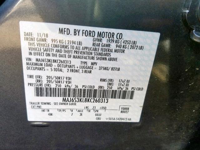 MAJ6S3KL8KC260313 - 2019 FORD ECOSPORT T GRAY photo 10